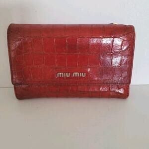 MIU MIU Red Croc Leather Trifold Wallet Clutch Medium Designer Authentic